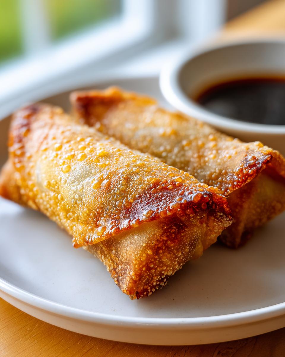 Two perfectly fried, crispy egg roll appetizers resting on a light plate next to a small bowl of dark dipping sauce.