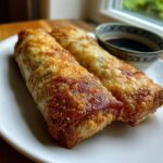 Two perfectly crispy, golden brown egg roll appetizers served on a white plate with a side of dark dipping sauce.