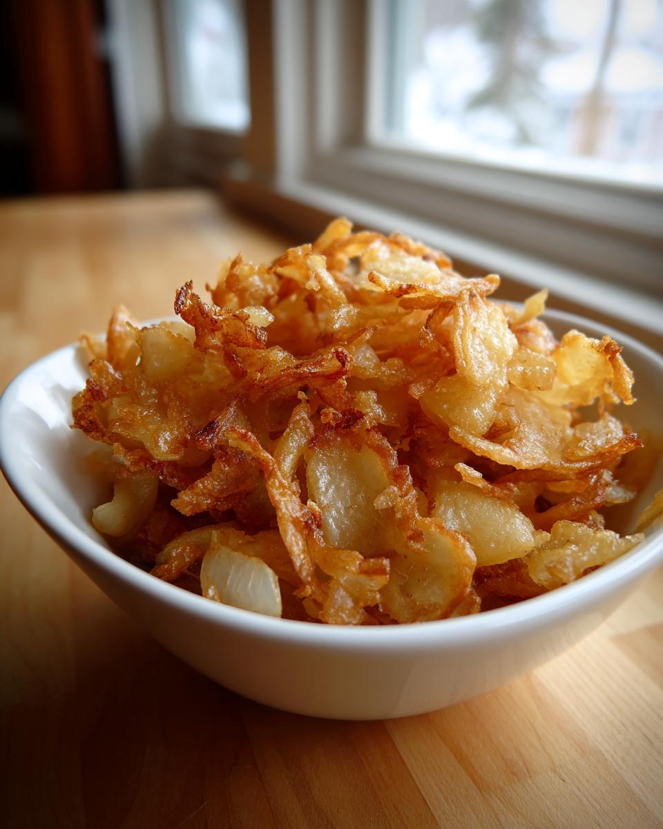 A close-up of crispy, golden brown fried potatoes piled high in a small white bowl.