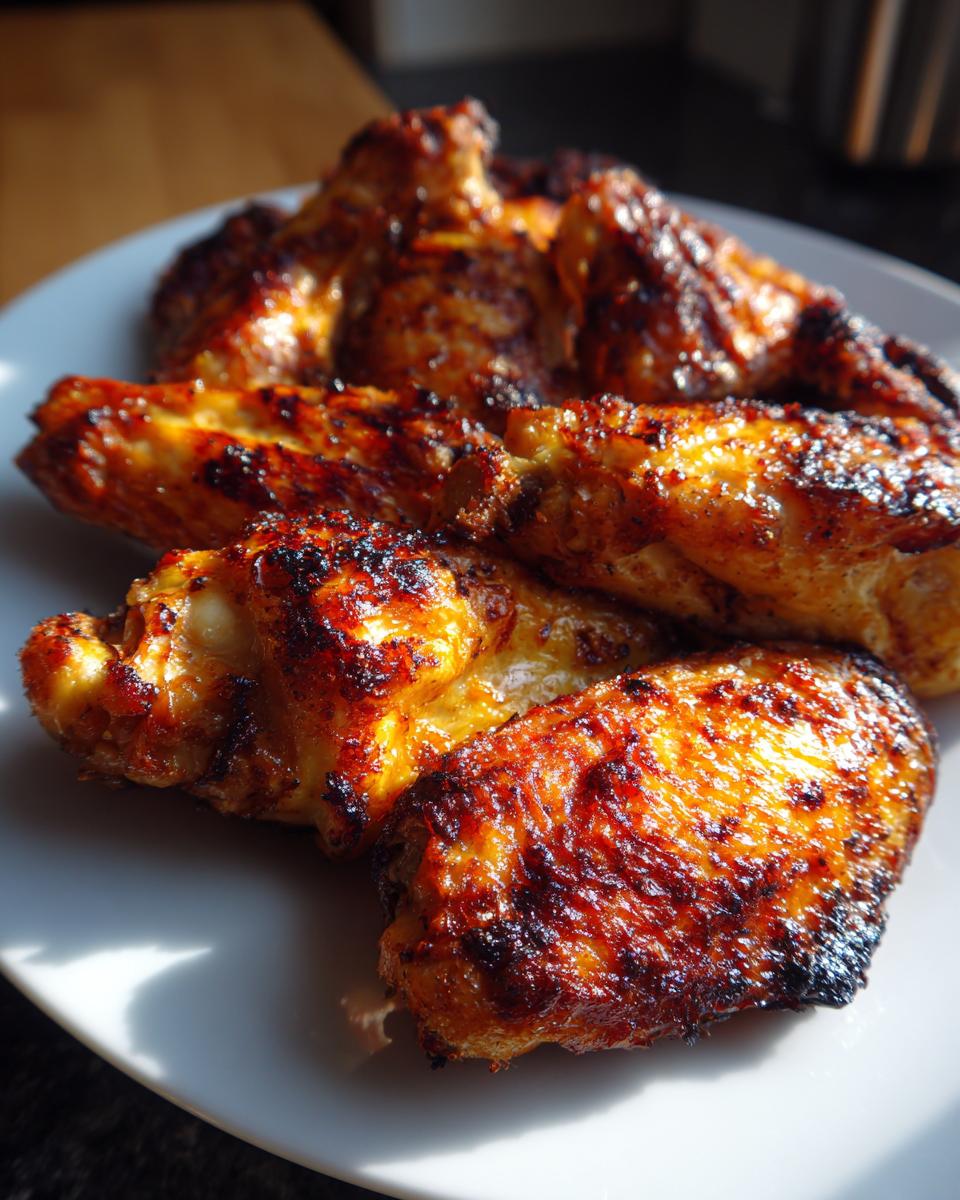 Close-up of several perfectly cooked, crispy, and glazed chicken wing pieces on a white plate.