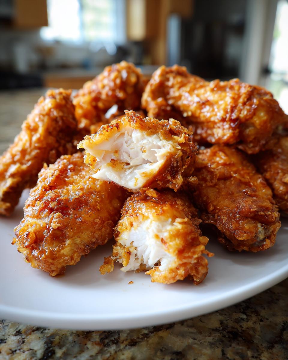Close-up of perfectly cooked, crispy, glazed chicken wings, one broken open to show juicy white meat inside.