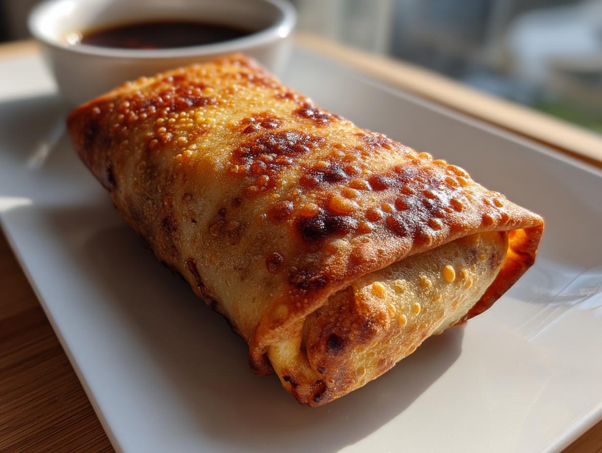 Close-up of a perfectly golden and crispy egg roll resting on a white plate next to dipping sauce.