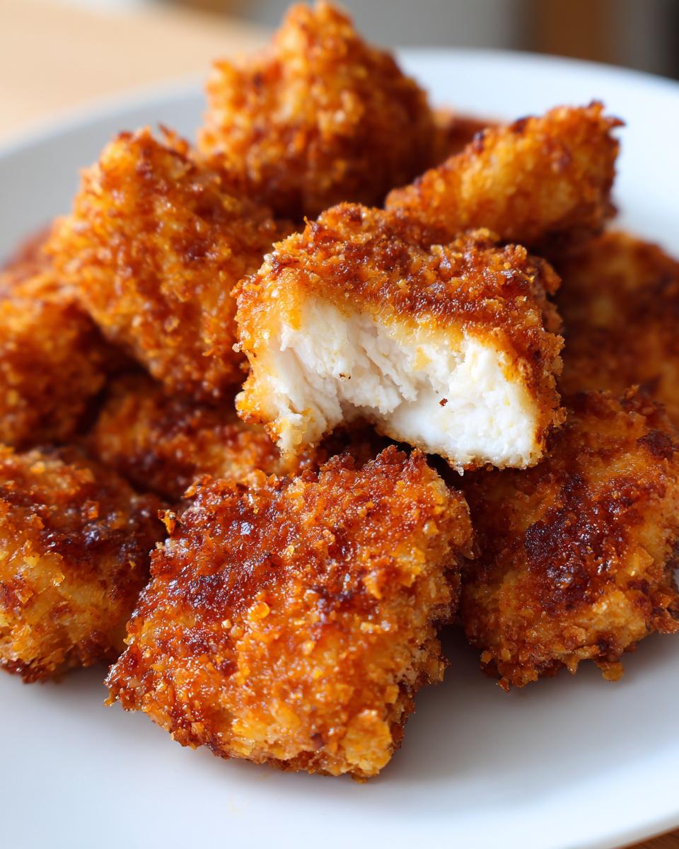 Close-up of golden brown, crispy homemade chicken nuggets, one piece is broken open showing the white, juicy chicken inside.