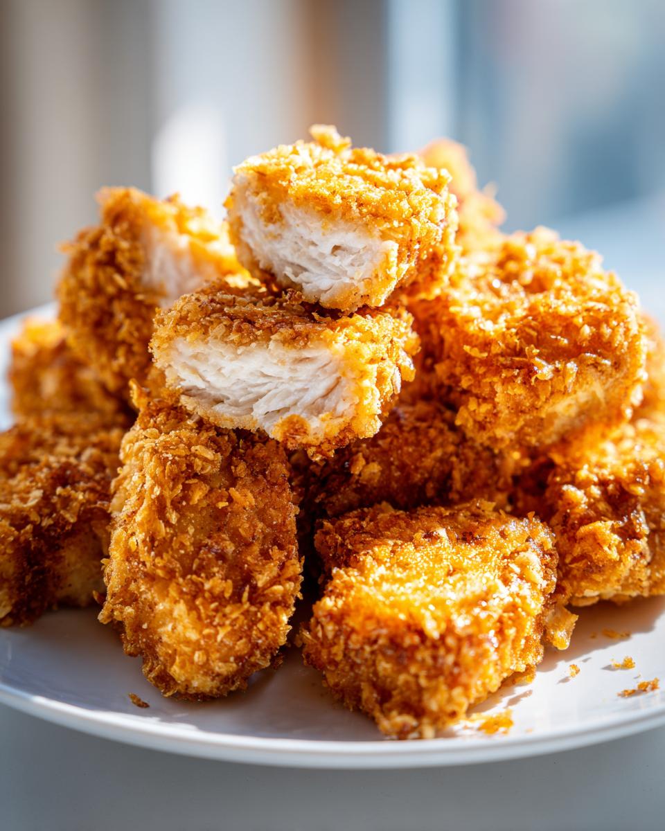 Close-up of a pile of golden, crispy homemade chicken nuggets, one cut open showing juicy white meat.