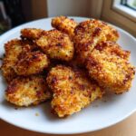 A close-up of a pile of golden brown, crispy homemade chicken nuggets served on a white plate.