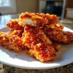 Close-up of crispy hot honey chicken tenders piled on a white plate, glistening with sweet and spicy glaze.