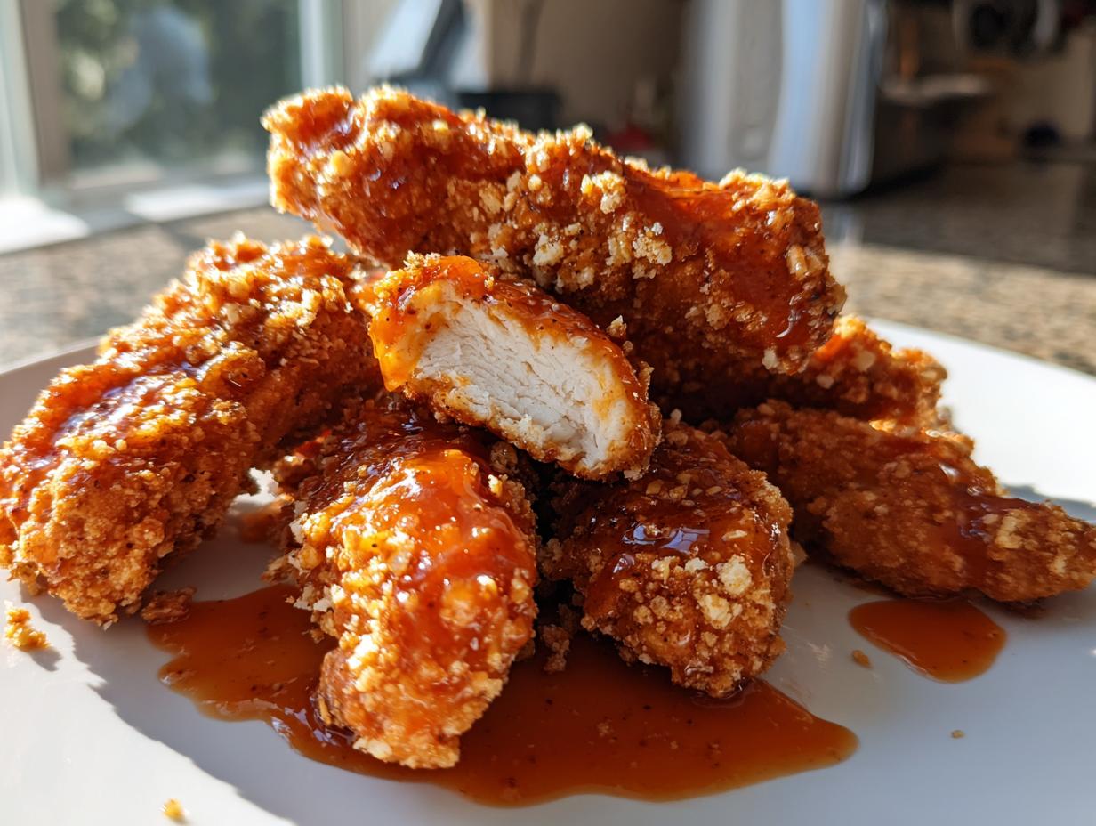 A pile of crispy, glazed hot honey chicken tenders on a white plate, one is cut open showing the white meat.