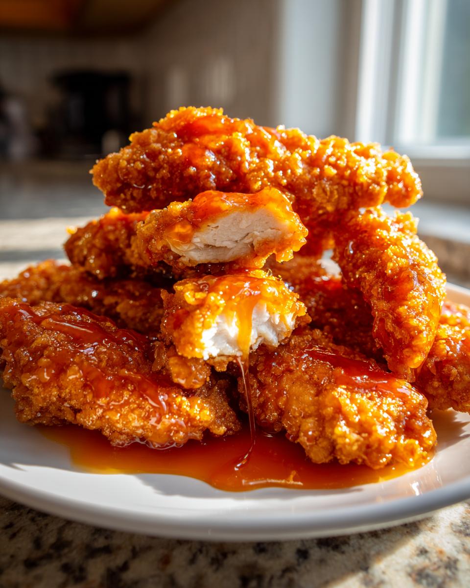 A stack of crispy, golden hot honey chicken tenders, one broken open showing the white meat and dripping glaze.