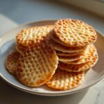 A stack of freshly made, golden brown pizzelle cookies with a distinct waffle pattern, resting on a light-colored plate.