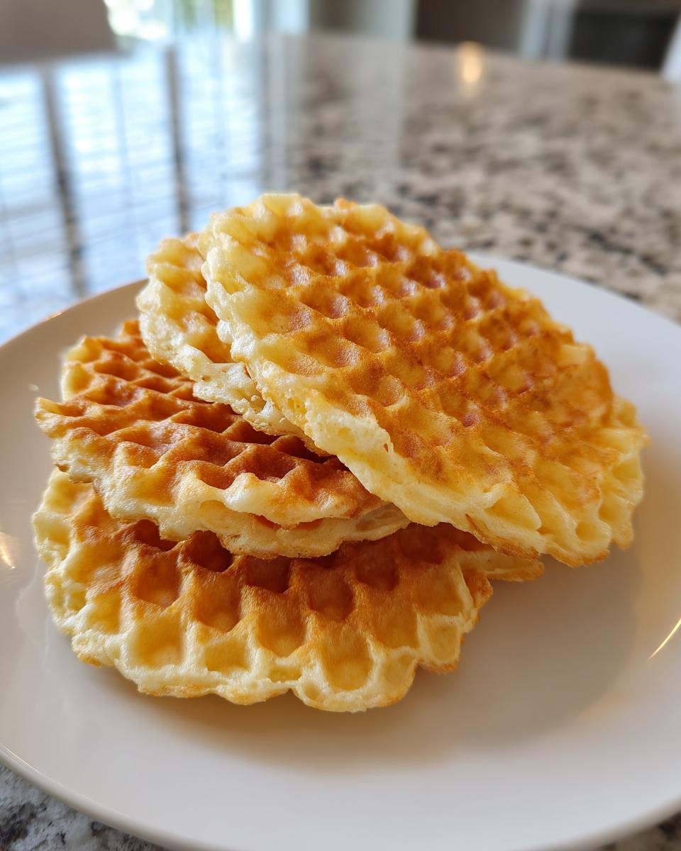 A stack of three golden brown, thin, and crispy pizzelle cookies resting on a white plate.