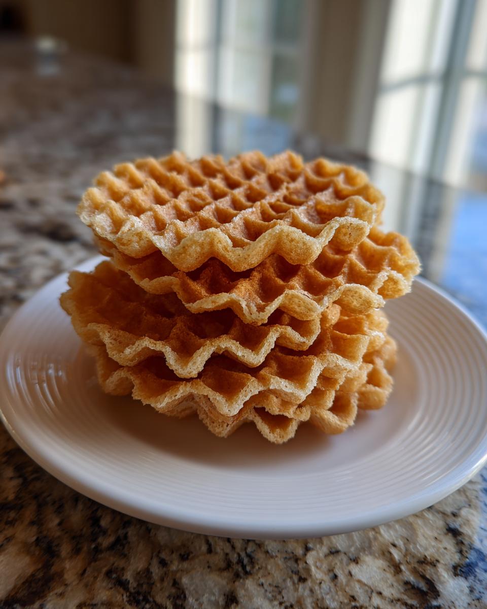 A stack of four golden brown, crisp pizzelle cookies with a delicate waffle pattern resting on a white plate.