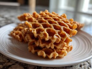 A close-up stack of golden brown, crisp pizzelle cookies resting on a white ridged plate.