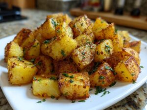 Close-up of perfectly crispy, golden brown breakfast potatoes seasoned and topped with fresh parsley on a white plate.
