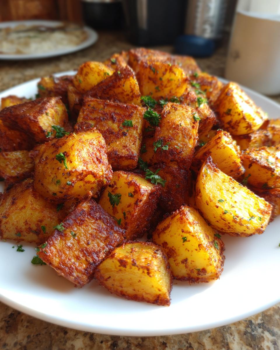 A close-up of a white plate piled high with golden brown, crispy seasoned breakfast potatoes, garnished with parsley.