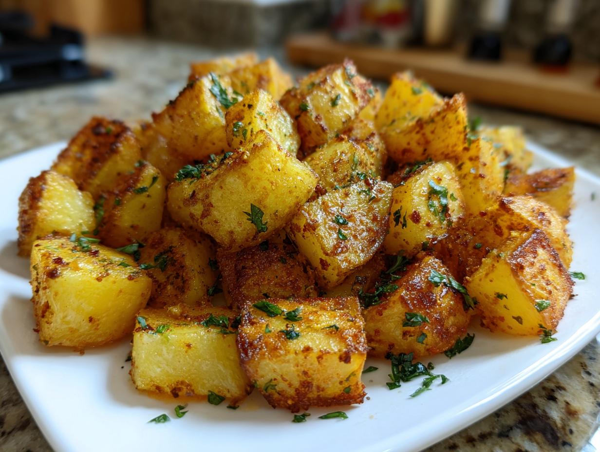 Close-up of perfectly crispy, golden brown breakfast potatoes seasoned and topped with fresh parsley on a white plate.