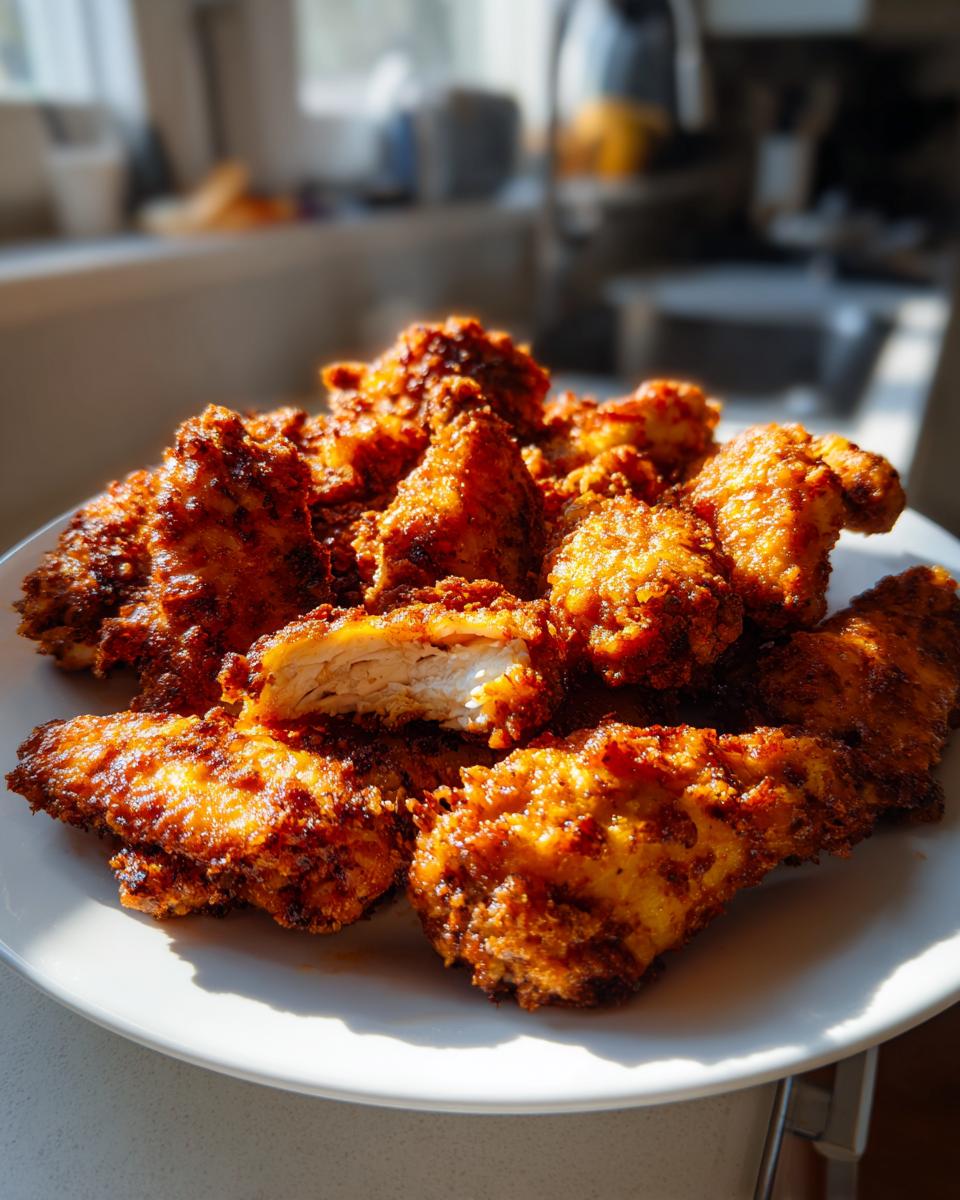 A pile of perfectly cooked, crispy, and heavily seasoned chicken wings on a white plate, with one piece cut open showing the white meat.