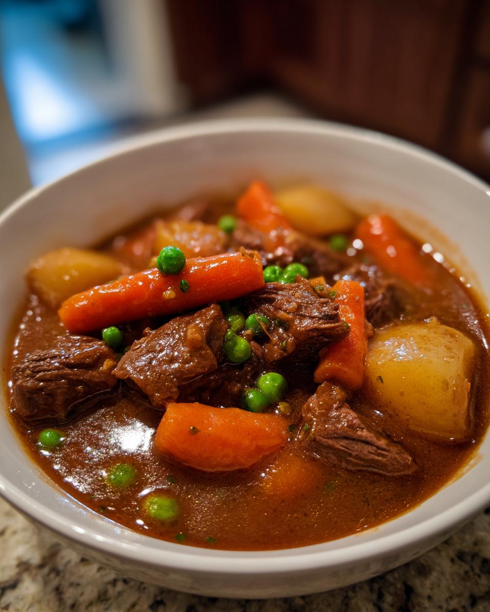 Close-up of a hearty bowl of crockpot beef stew featuring tender beef chunks, bright carrots, potatoes, and green peas in rich brown gravy.