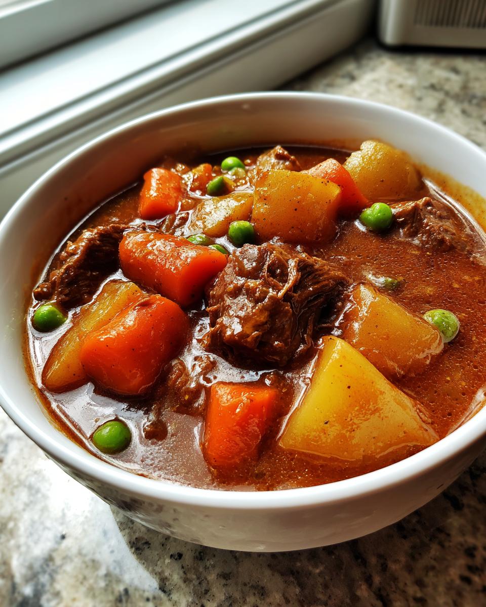Close-up of a white bowl filled with rich, savory crockpot beef stew featuring chunks of tender beef, potatoes, carrots, and peas.
