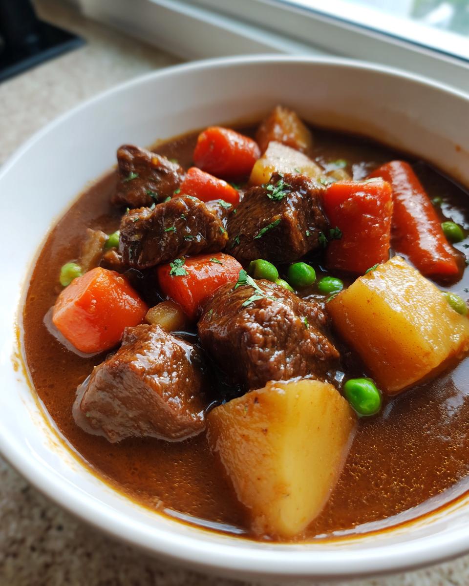 Close-up of a rich, savory crockpot beef stew featuring tender beef chunks, bright carrots, potatoes, and peas.