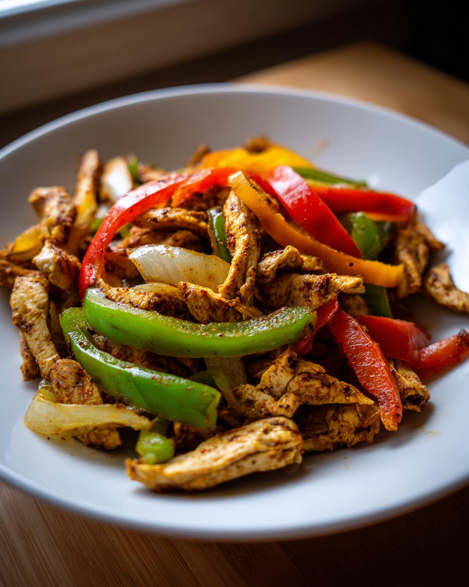 A close-up of seasoned chicken strips mixed with colorful bell peppers and onions, ready for crockpot chicken fajitas.