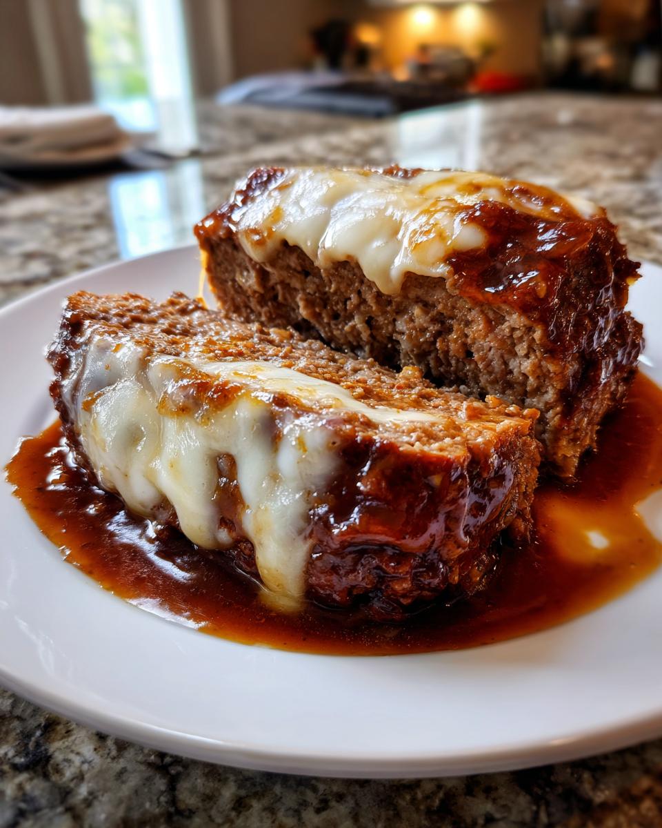Two slices of crockpot french onion meatloaf topped with melted white cheese and rich brown sauce on a white plate.