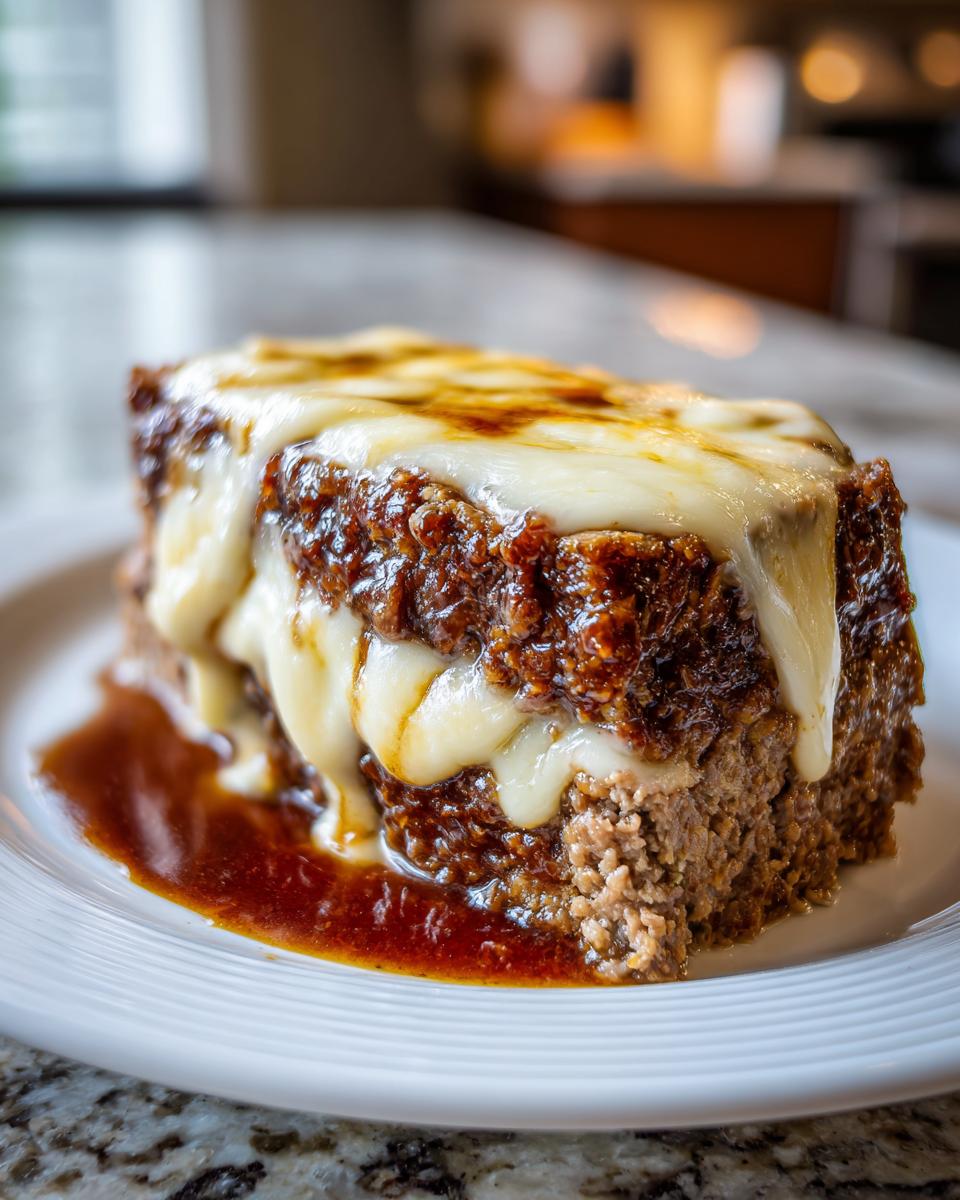 A juicy slice of crockpot french onion meatloaf topped with melted, slightly browned cheese and rich sauce.