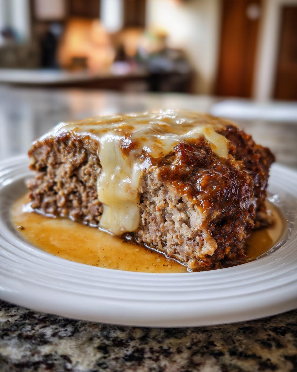 A thick slice of moist crockpot french onion meatloaf topped with melted cheese and resting in savory gravy.