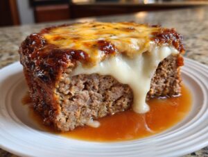 A close-up of a slice of crockpot french onion meatloaf topped with melted cheese dripping down the side.