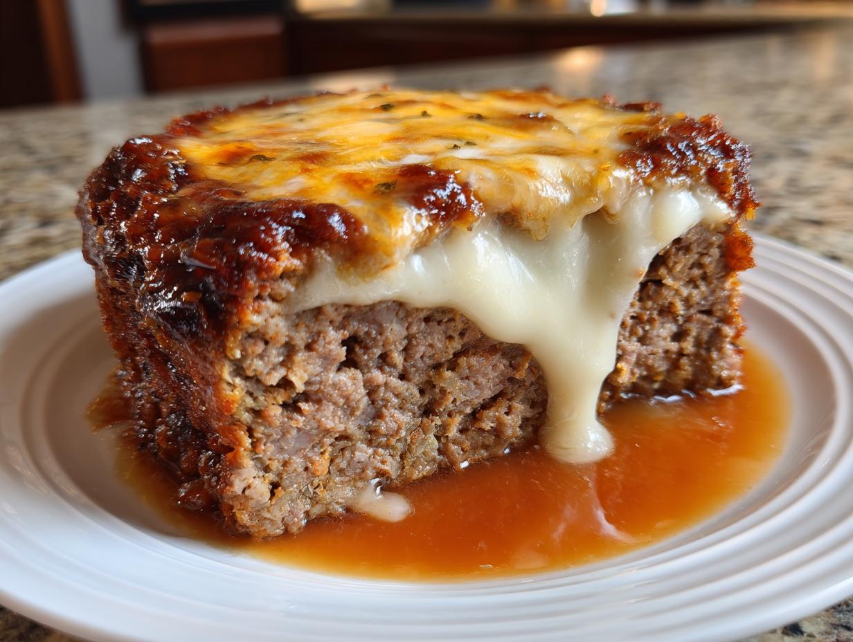 A close-up of a slice of crockpot french onion meatloaf topped with melted cheese dripping down the side.
