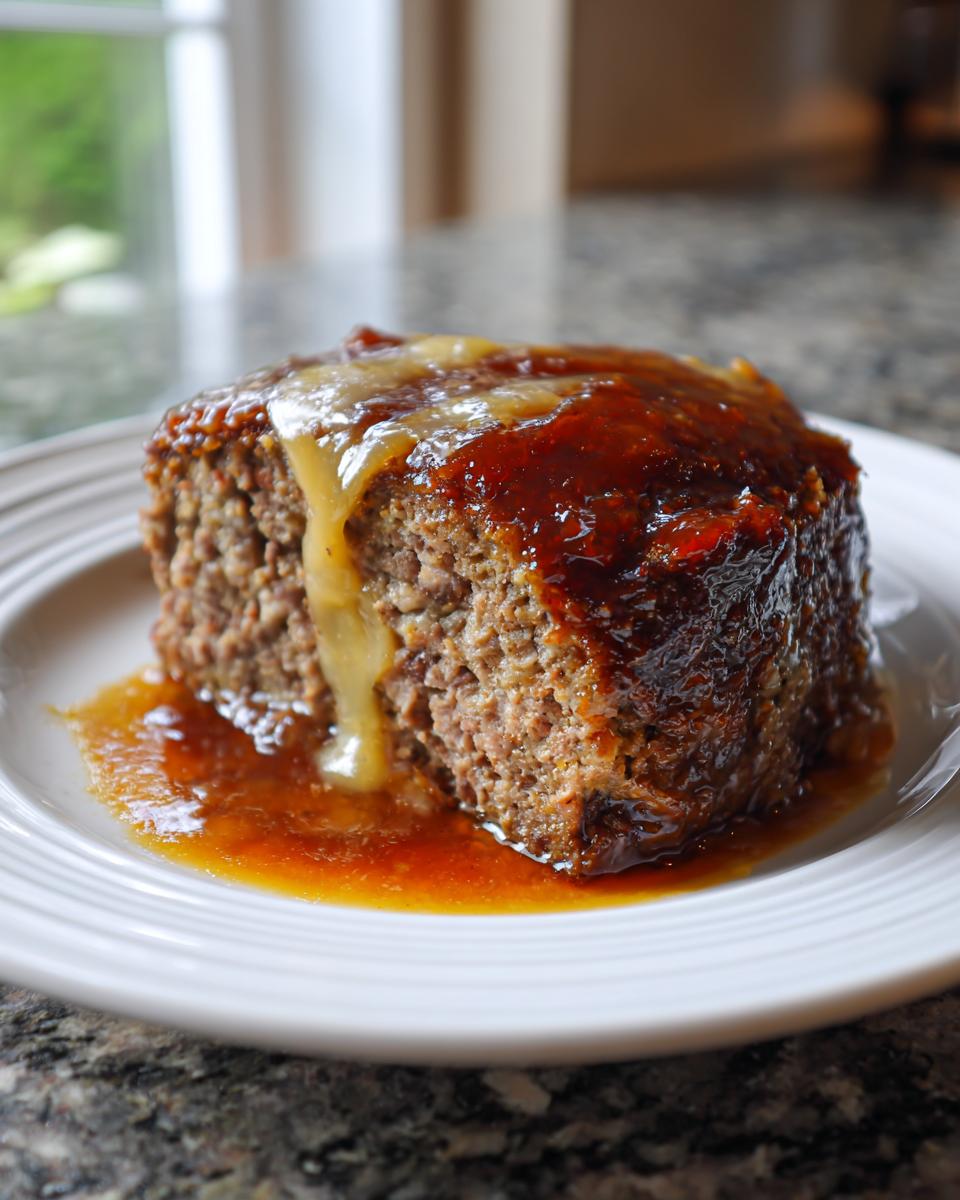 A close-up of a thick slice of moist crockpot french onion meatloaf topped with glaze and onions on a white plate.