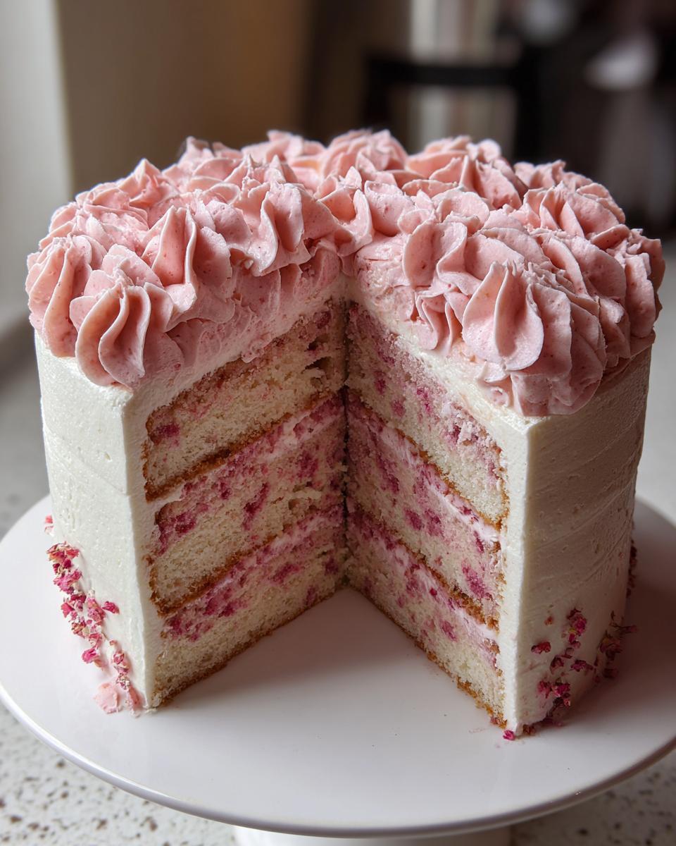 A cross-section view of a beautiful three-layer rose cake with white frosting and pink filling, displayed on a cake stand.