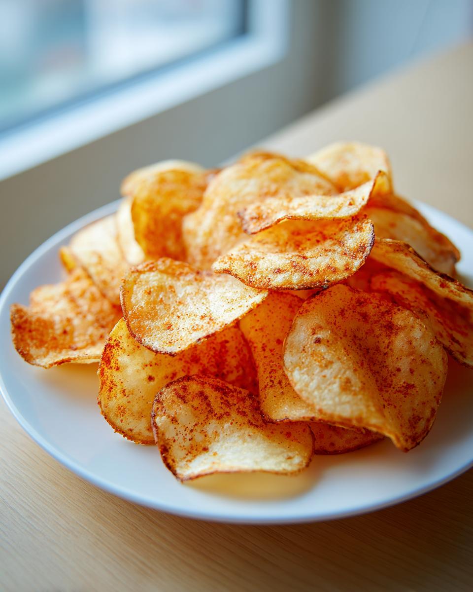 A close-up of a white plate piled high with golden, seasoned potato chips, highlighting their crunch.