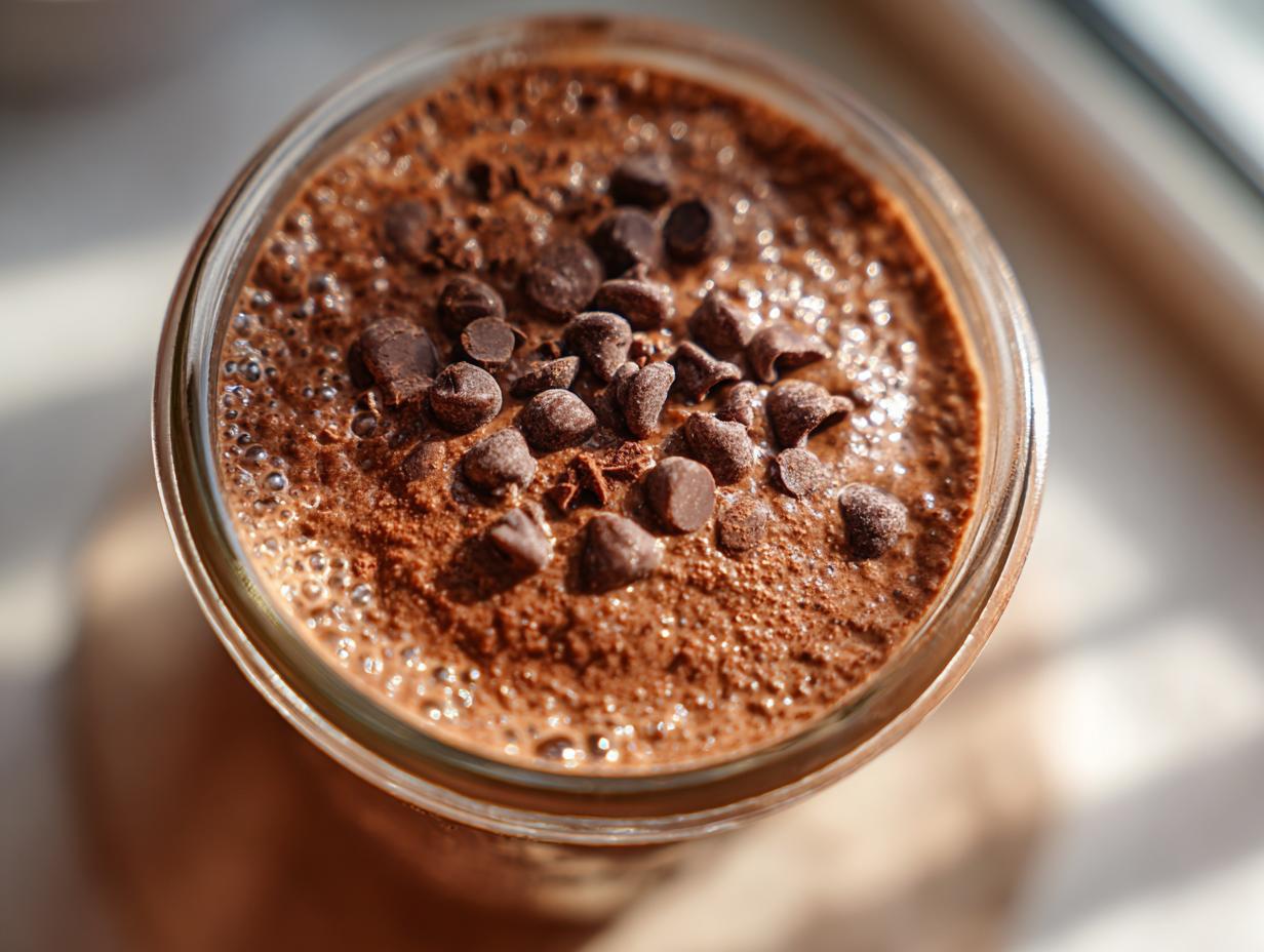 Overhead view of rich chocolate overnight oats topped generously with mini chocolate chips in a glass jar.