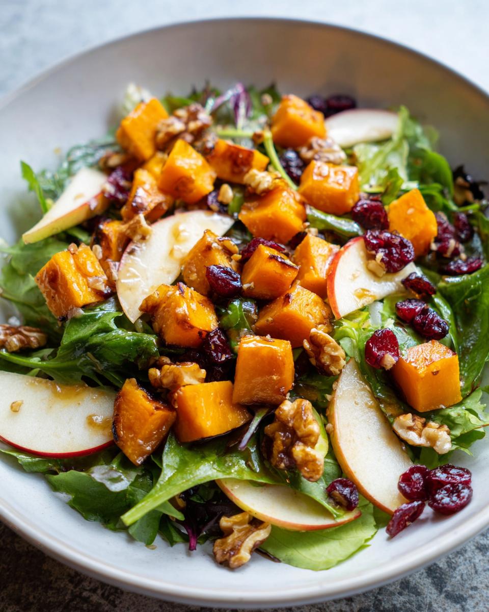 Close-up of a bowl filled with a vibrant fall harvest salad featuring roasted butternut squash, apple slices, walnuts, and dried cranberries over mixed greens.