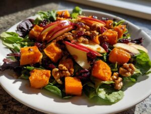 Close-up of a vibrant fall harvest salad featuring roasted orange squash cubes, sliced red apples, walnuts, and dried cranberries on mixed greens.