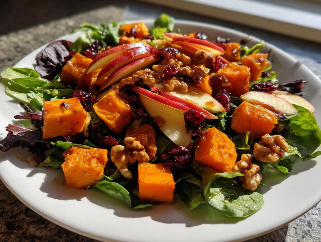 Close-up of a vibrant fall harvest salad featuring roasted orange squash cubes, sliced red apples, walnuts, and dried cranberries on mixed greens.