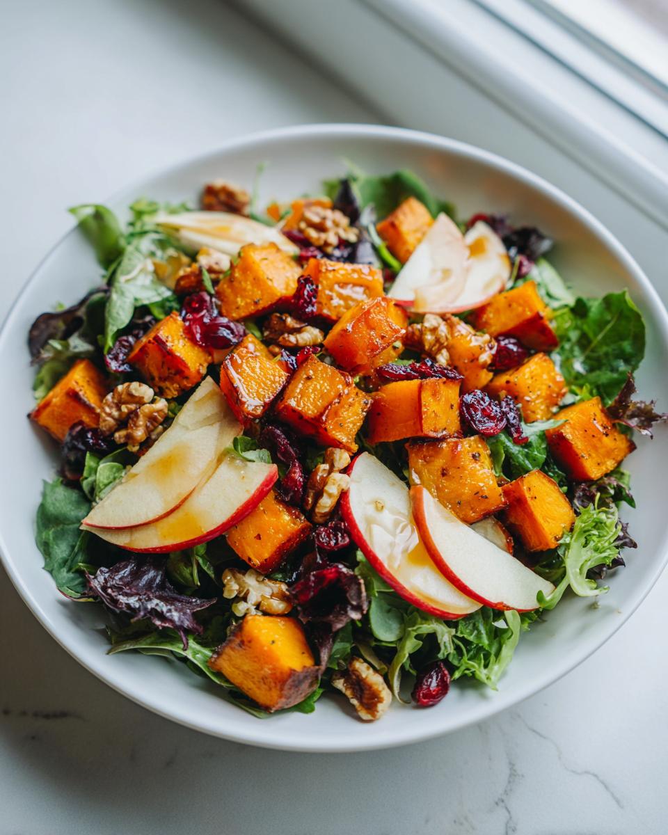 A close-up of a vibrant fall harvest salad featuring roasted orange squash cubes, apple slices, walnuts, and dried cranberries over mixed greens.