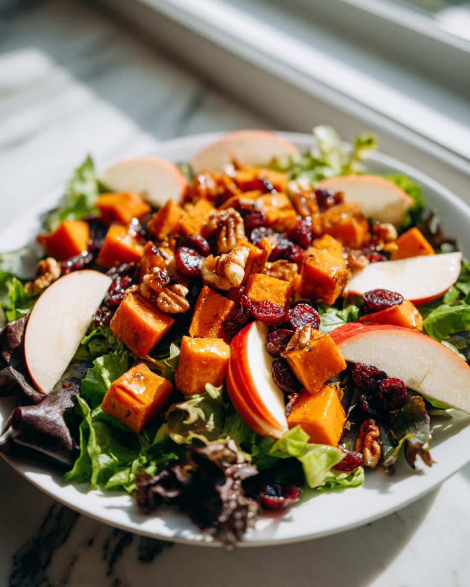 Close-up of a fresh fall harvest salad featuring roasted sweet potato cubes, apple slices, walnuts, and dried cranberries on mixed greens.