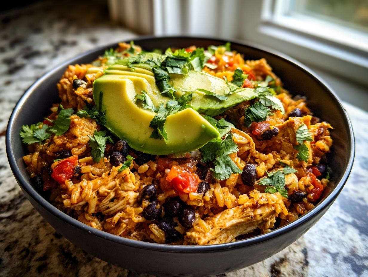 Close-up of a delicious chicken burrito bowl topped with sliced avocado and fresh cilantro.