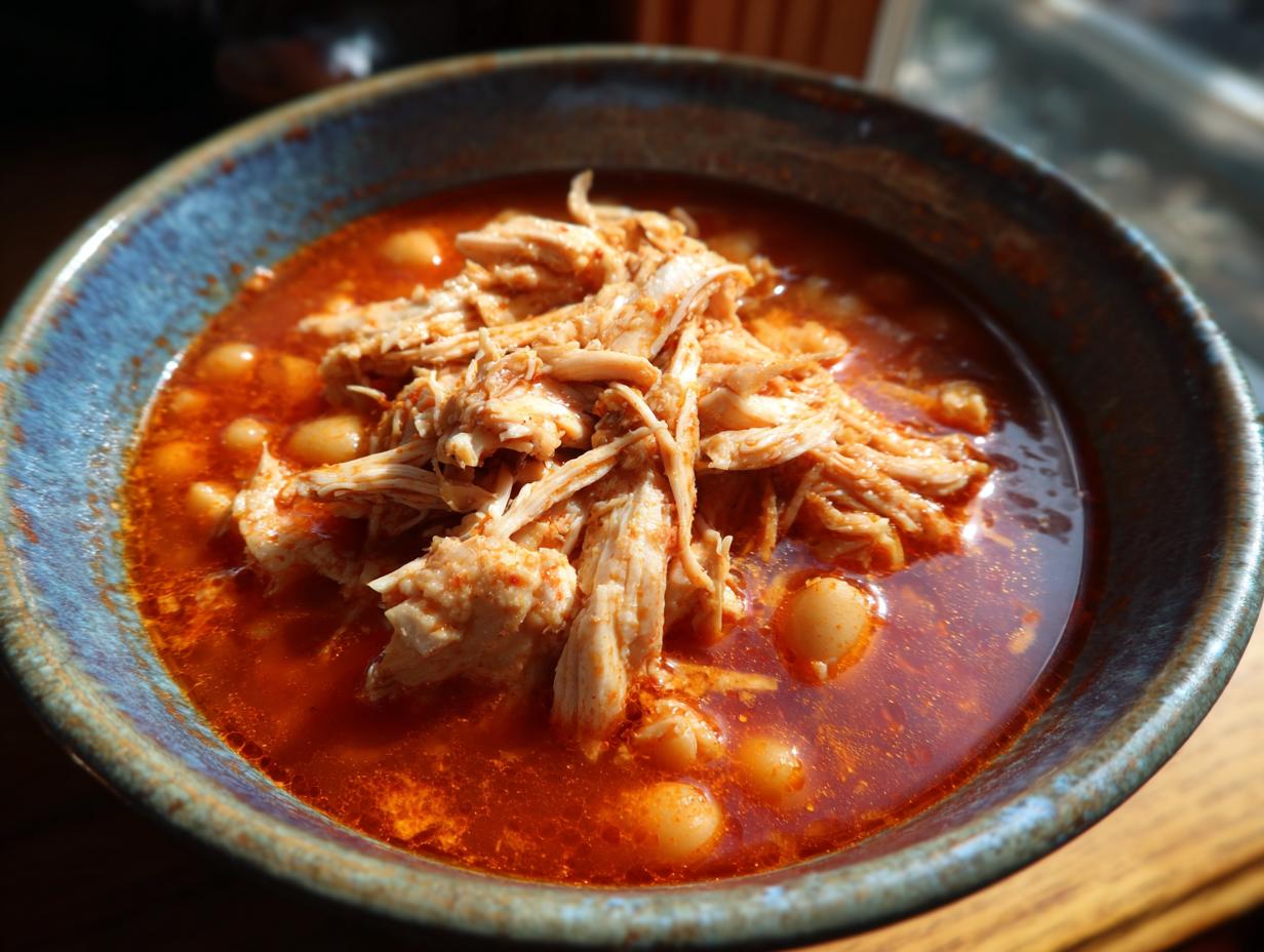 Close-up of a rustic blue bowl filled with vibrant red chicken pozole, featuring shredded chicken and hominy kernels.