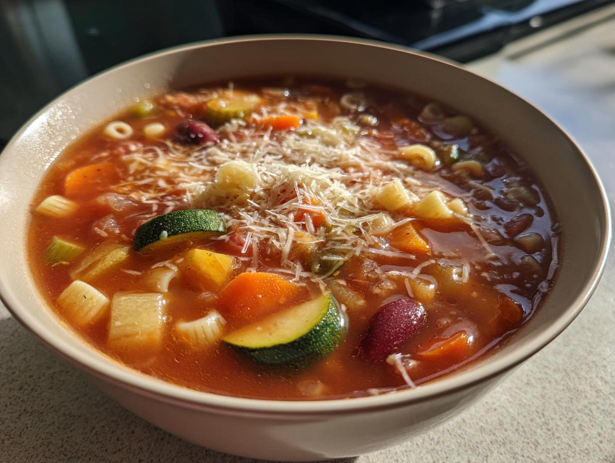 A close-up of a bowl of rich, tomato-based minestrone soup filled with vegetables, beans, and pasta, topped with grated Parmesan.