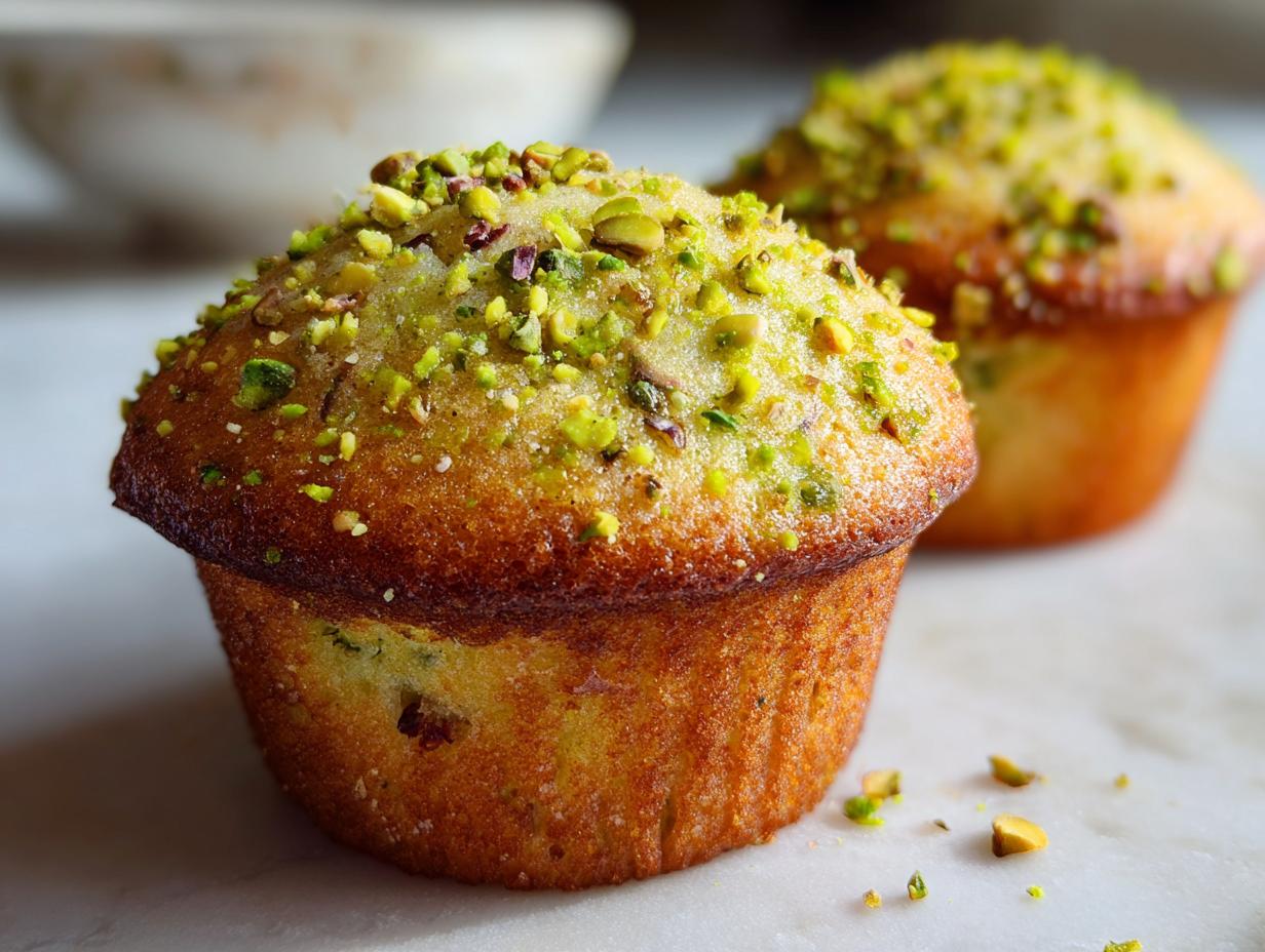 A close-up, featured image of a golden-brown pistachio muffin topped generously with chopped green pistachios.