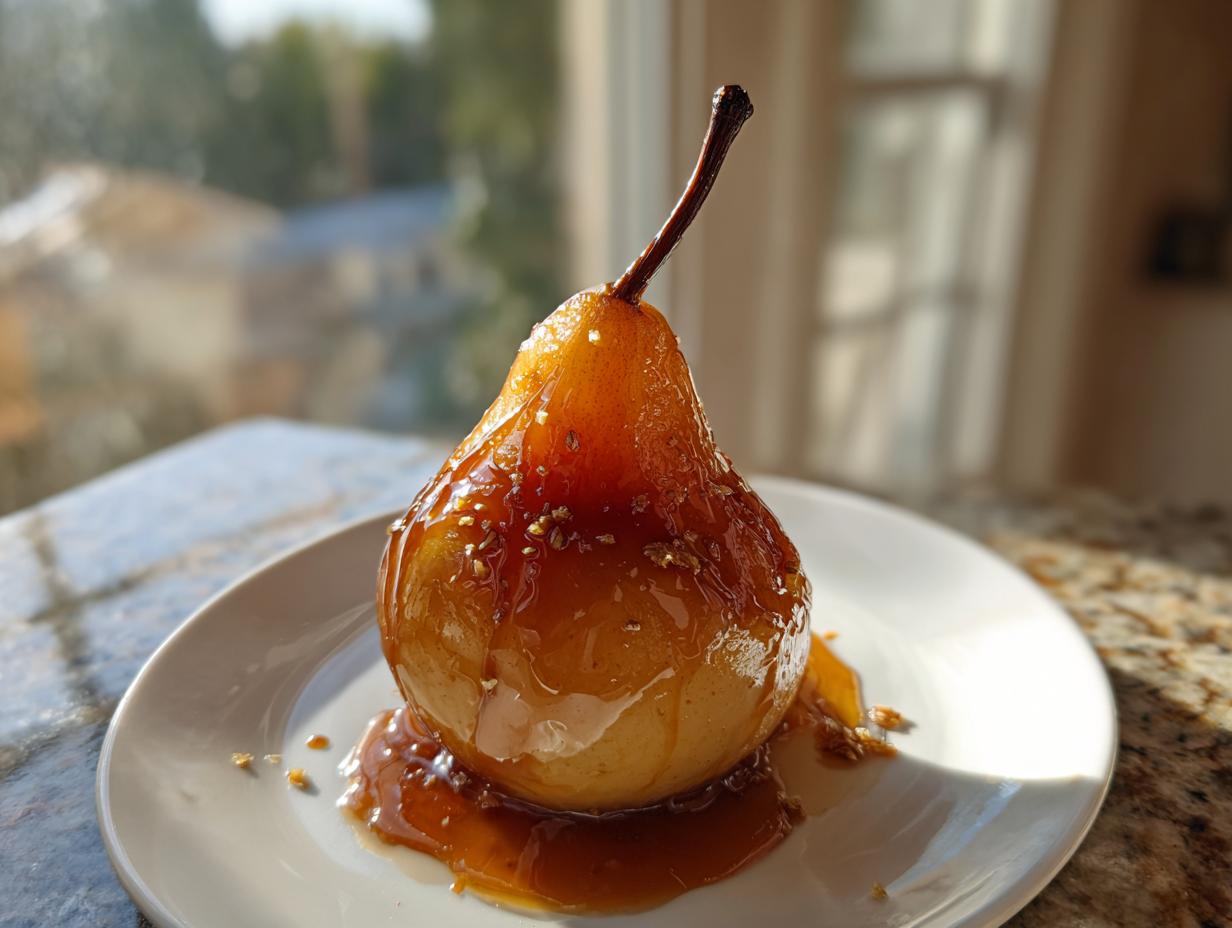 A single, whole poached pear, glistening with dark caramel sauce and sprinkled with nuts, served on a white plate.