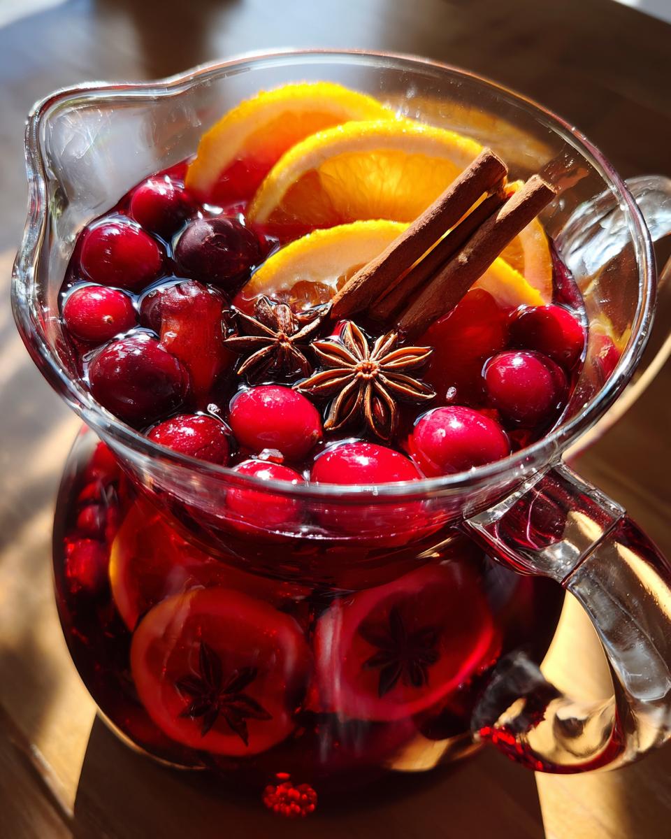 Close-up of a glass pitcher filled with vibrant red christmas sangria, garnished with cranberries, orange slices, cinnamon sticks, and star anise.