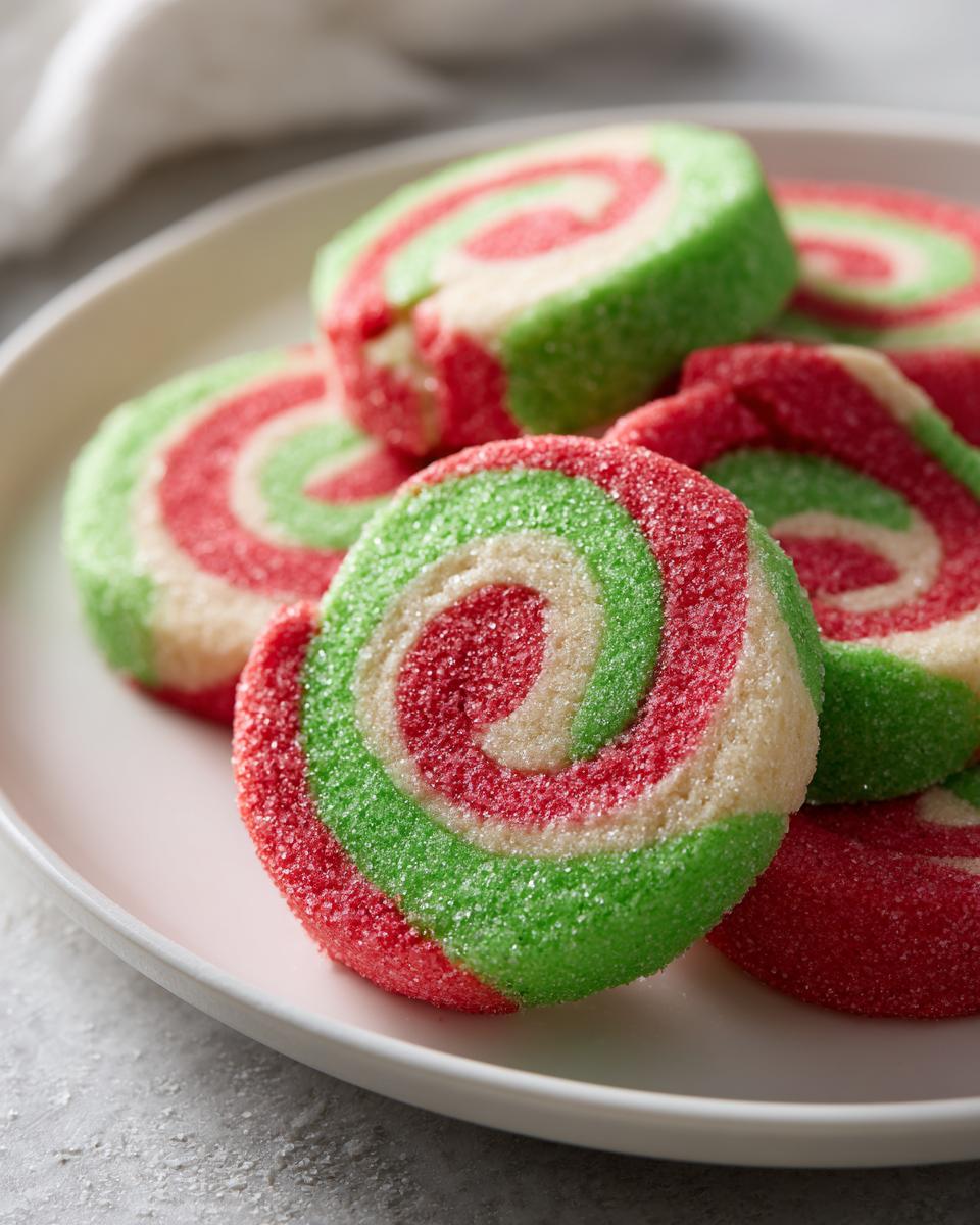 Close-up of several festive red, green, and white pinwheel cookies coated in sparkling sugar.