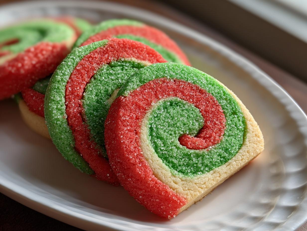 Close-up of festive red, green, and white pinwheel cookies rolled in sparkling sugar.
