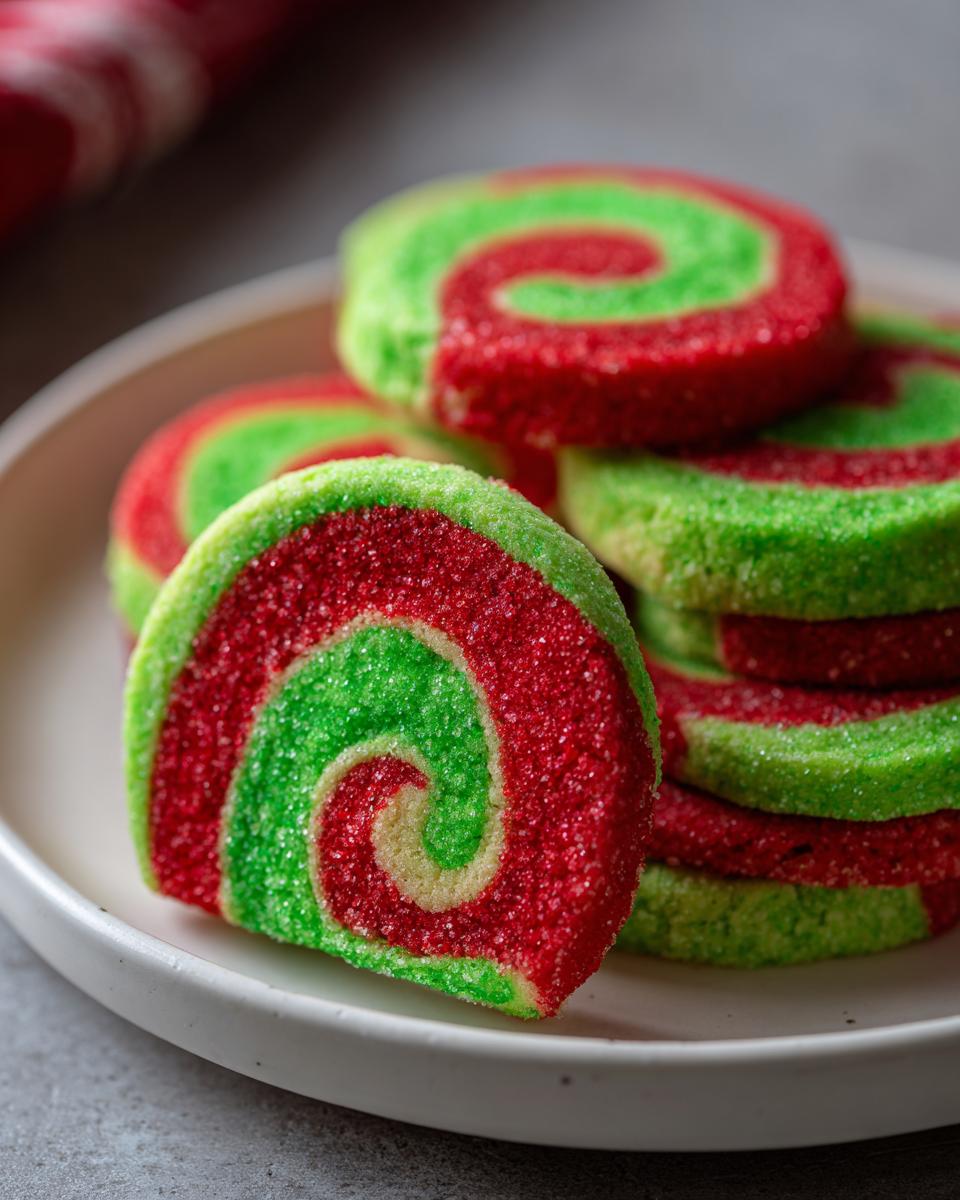 A stack of colorful red and green sugar-coated pinwheel cookies on a white plate.