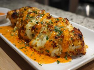 Close-up of baked Fiesta Lime Chicken breasts topped with melted cheese and a rich, orange-red sauce.