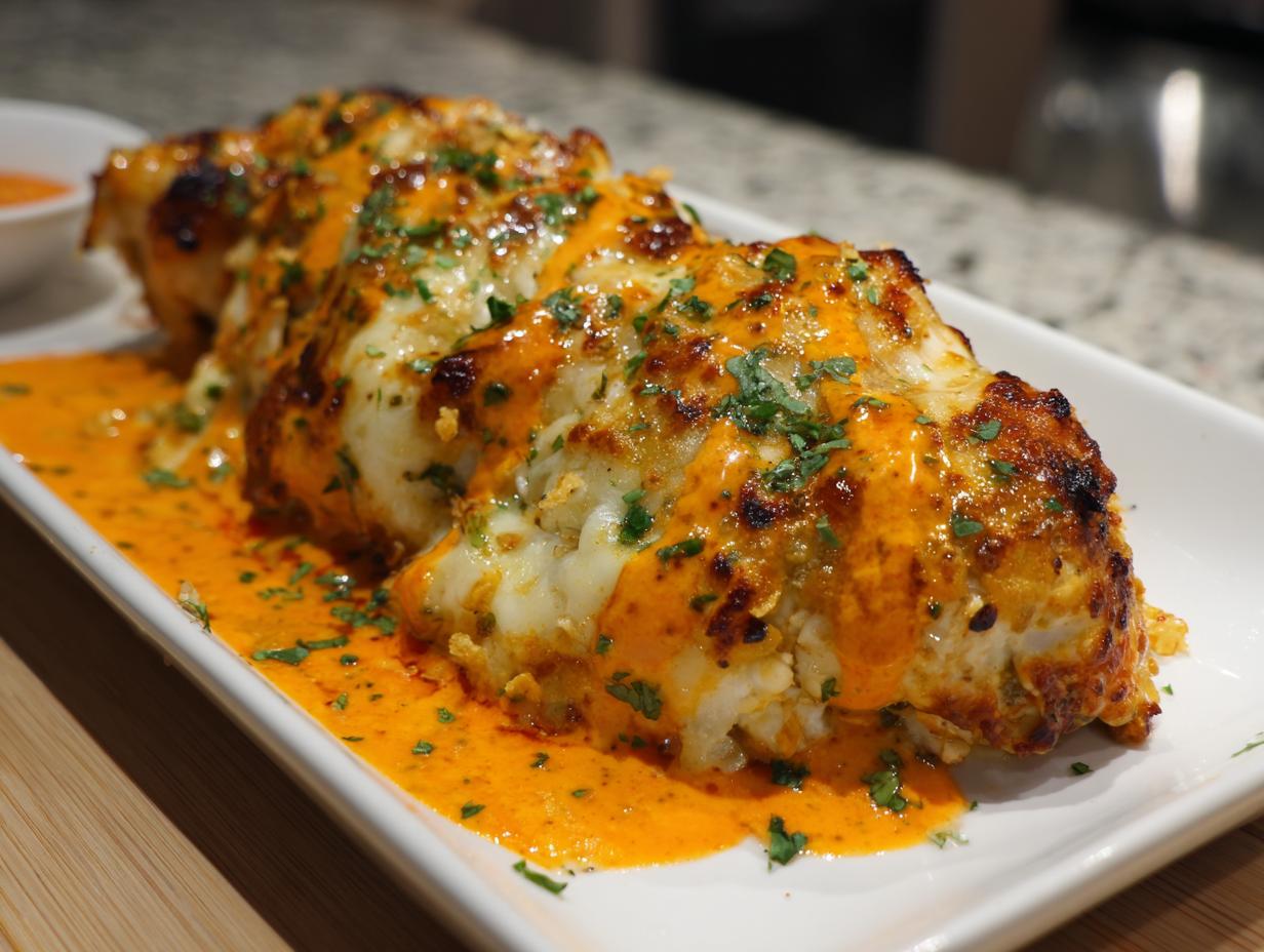 Close-up of baked Fiesta Lime Chicken breasts topped with melted cheese and a rich, orange-red sauce.