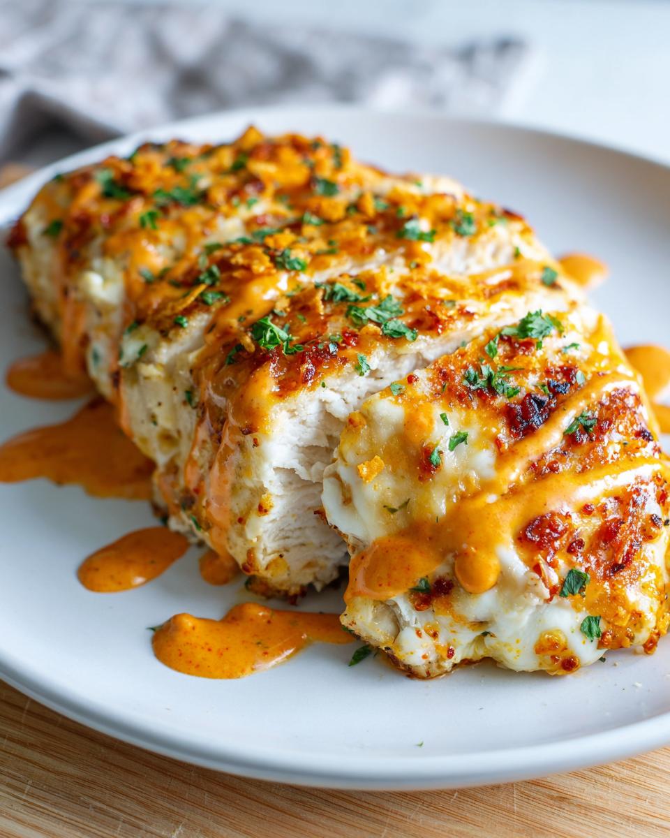Close-up of a sliced Fiesta Lime Chicken breast topped with melted cheese, orange sauce, and fresh parsley.
